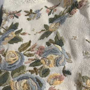 Vintage Jacque & KoKo Floral Embroidered Cream Sweater with pearls & beads. 22